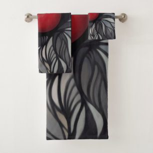 Abstract, contemporary, red circle, black, white bath towel set