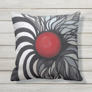 Abstract, contemporary, red circle, black, white cushion