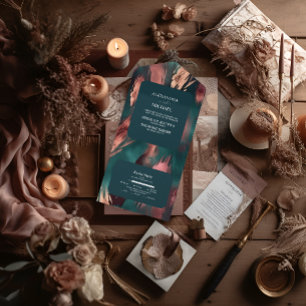 Abstract copper dark green dusty pink wedding all in one invitation