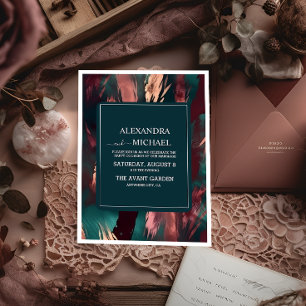 Abstract copper dark green dusty pink wedding invitation