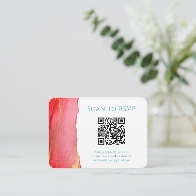 Abstract Coral Green QR Code Wedding Enclosure Card (Standing Front)