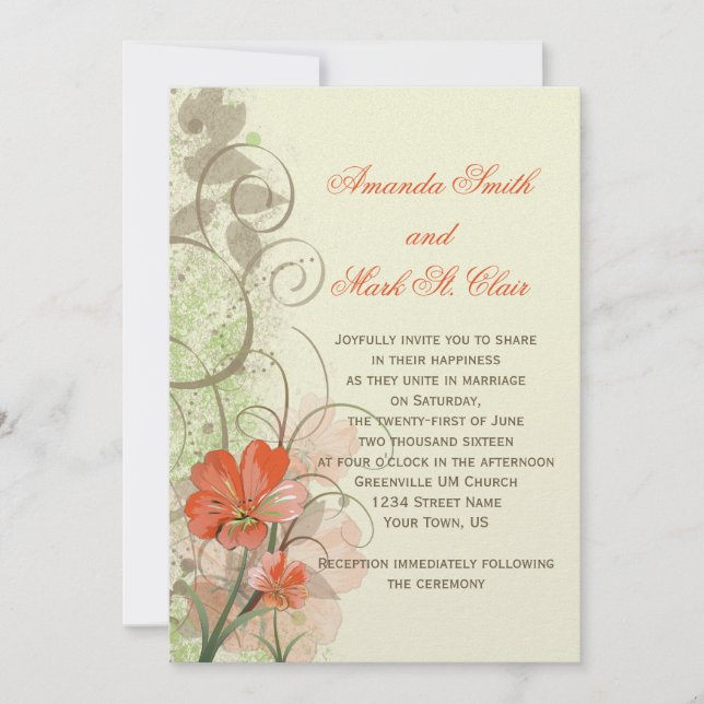 Abstract Coral Lime Flowers Swirls Wedding Invite (Front)