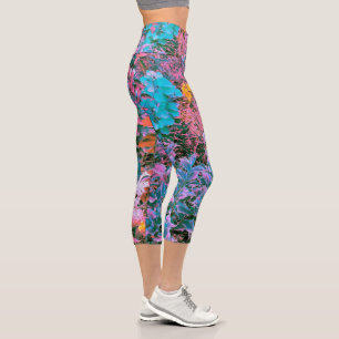 Abstract Coral, Pink Green and Aqua Garden Foliage Capri Leggings