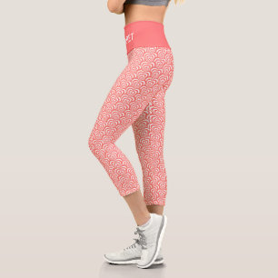 Abstract Coral Pink & White Concentric Hearts Capri Leggings