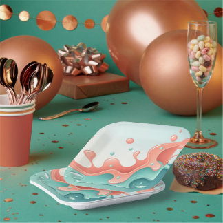 Abstract Coral & Teal Fluid Art Coffee  Paper Plate