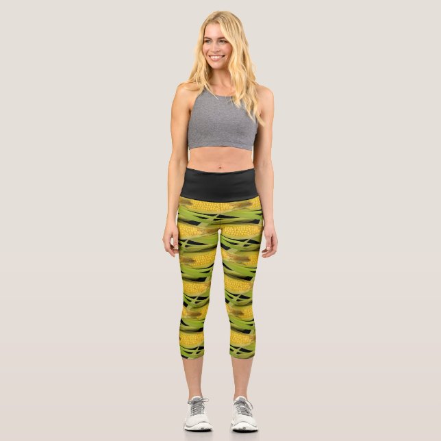 Abstract Corn on the Cob Vegetable Print on Black  Capri Leggings (Front)