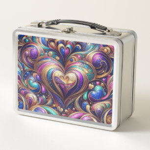 abstract cosmic brocade metallic foil swirls heart metal lunch box