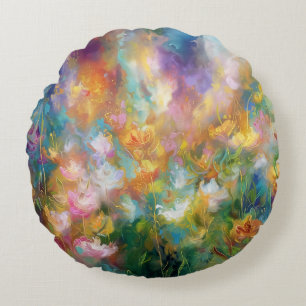 Abstract cosmic floral explosion in pastel colours round cushion