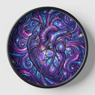 Abstract Cosmic Purple Heart Art Clocks