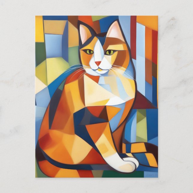 Abstract Cubist Calico Cat Postcard (Front)