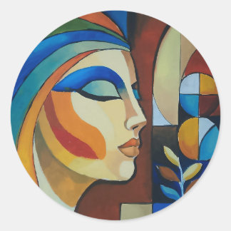 Abstract Cubist Woman Art Round Sticker