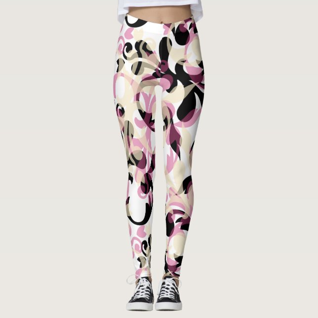 Abstract Curly Black Pink Waves Leggings (Front)