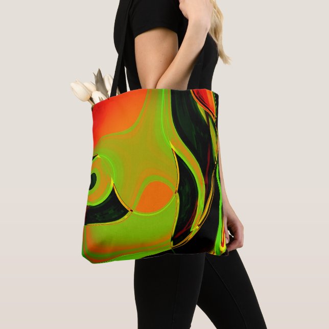 Abstract curves in lime green with orange bath     tote bag (Close Up)