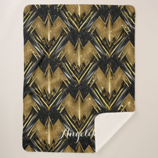 Abstract Custom Chevron Name Gold and Black Sherpa Blanket