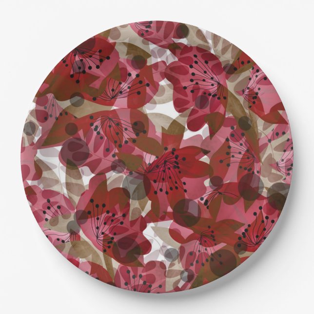 Abstract cute beautiful red flowers floral design paper plate (Front)