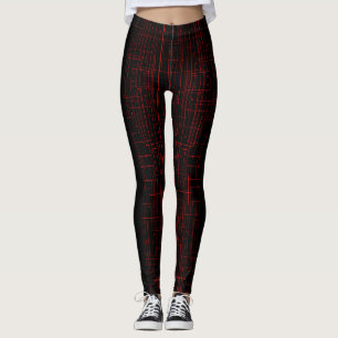Abstract Cyber Circuit Pattern   Black & Crimson Leggings