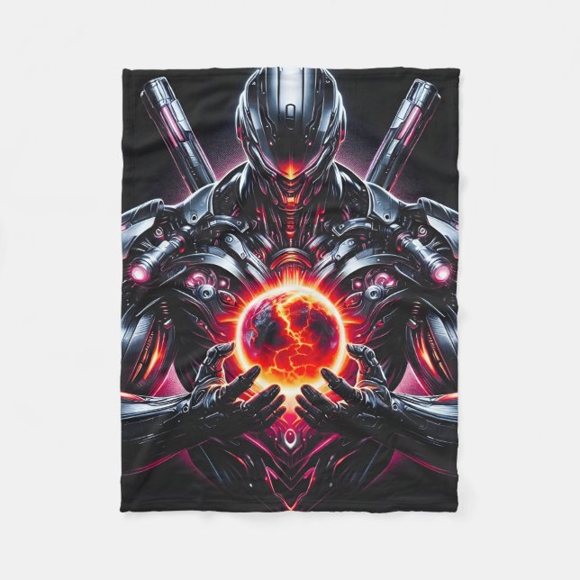 Abstract Cyber Cosmic Guardian Futuristic Robot Fleece Blanket (Front)