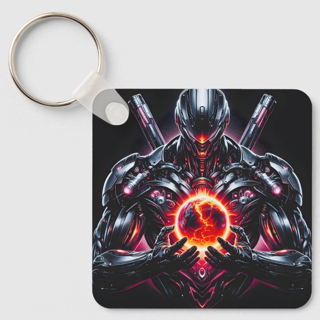 Abstract Cyber Cosmic Guardian Futuristic Robot Key Ring (Front)