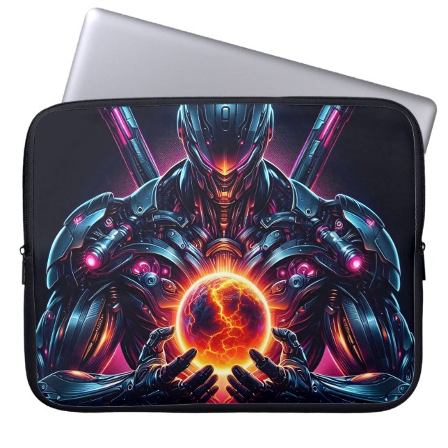 Abstract Cyber Cosmic Guardian Futuristic Robot Laptop Sleeve (Front)