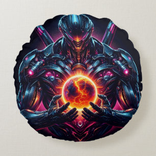 Abstract Cyber Cosmic Guardian Futuristic Robot Round Cushion