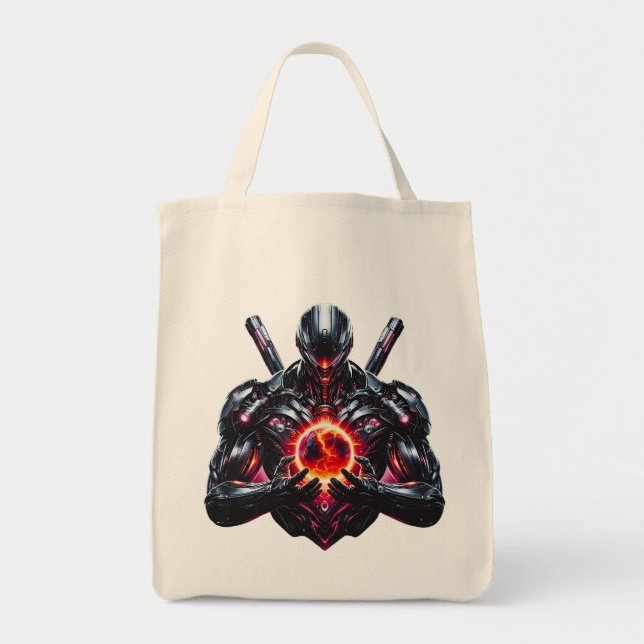Abstract Cyber Cosmic Guardian Futuristic Robot Tote Bag (Front)
