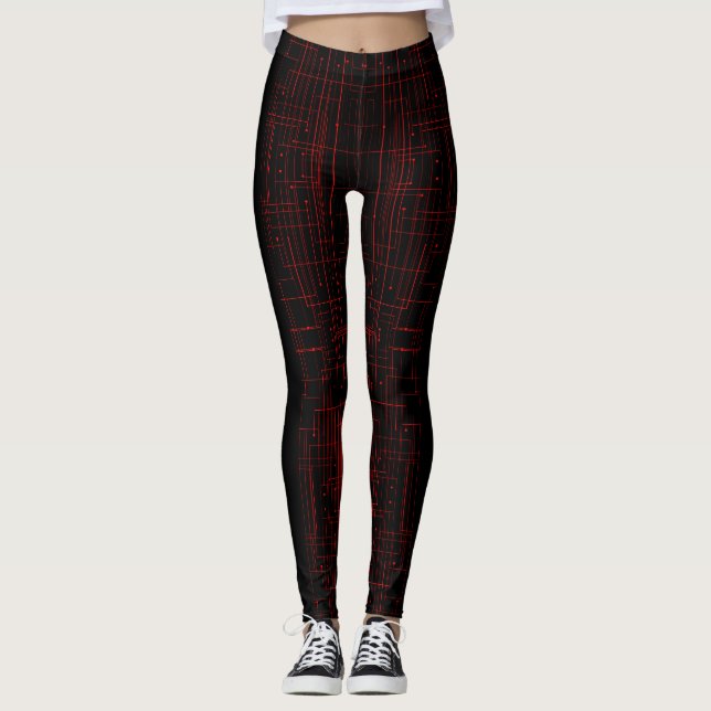 Abstract Cyber Pattern | Black & Crimson Circuit  Leggings (Front)