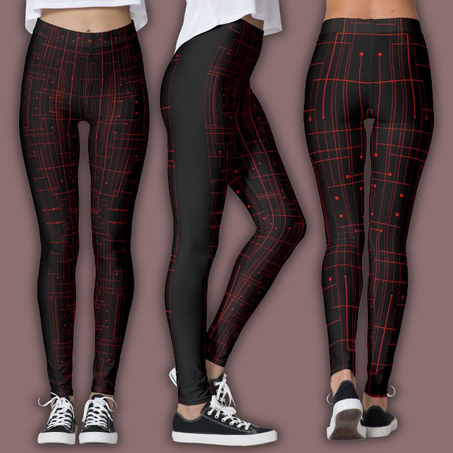 Abstract Cyber Pattern | Black & Crimson Circuit  Leggings (Creator Uploaded)