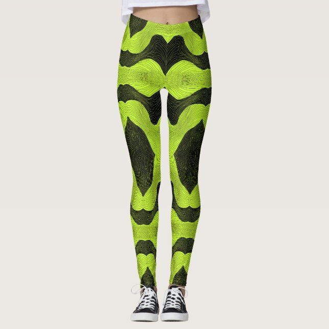 Abstract Cyber Pattern | Neon Lime & Black Leggings (Front)