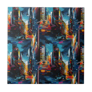 Abstract Cyberpunk Cityscape Skyline (3) Ceramic Tile