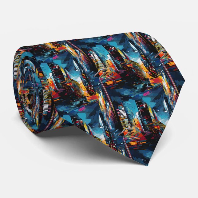 Abstract Cyberpunk Cityscape Skyline (3) Tie (Rolled)
