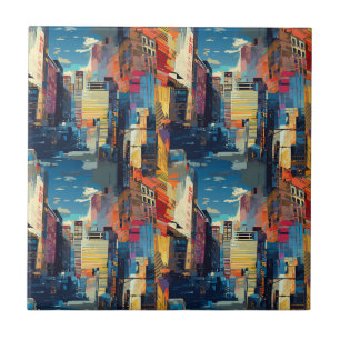 Abstract Cyberpunk Cityscape Skyline (4) Ceramic Tile