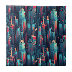 Abstract Cyberpunk Cityscape Skyline (5) Ceramic Tile