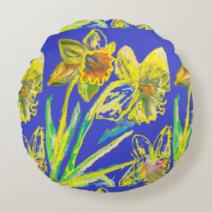 Abstract Daffodil Yellow Blue Flowers Floral Art  Round Cushion