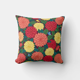 Abstract Dahlias Butterflies Throw Pillow