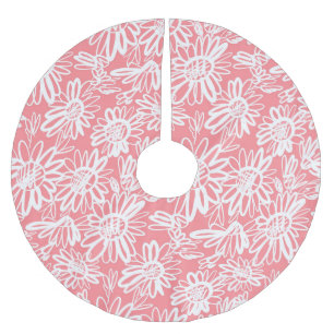 Abstract daisy sketch, monochrome pattern brushed polyester tree skirt