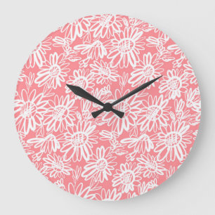 Abstract daisy sketch, monochrome pattern large clock
