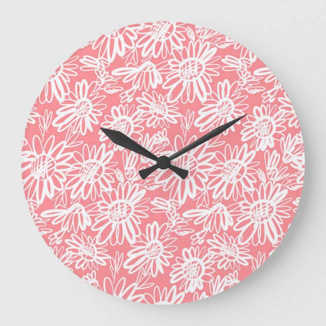 Abstract daisy sketch, monochrome pattern large clock (Front)