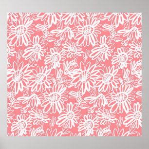 Abstract daisy sketch, monochrome pattern poster