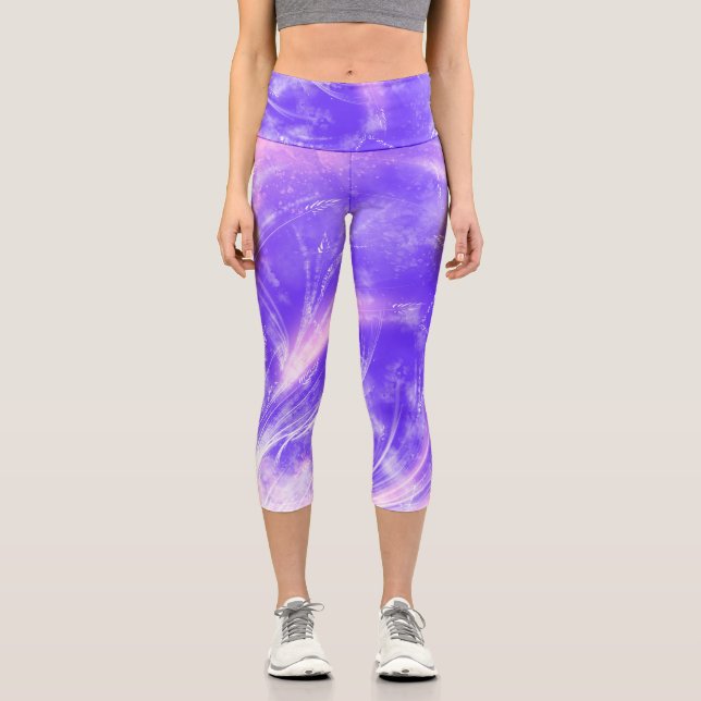 Abstract  Dandelions & fireflies Purple Capri Leggings (Front)