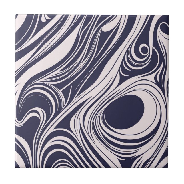 Abstract dark blue and grey liquid swirls design ceramic tile (Front)