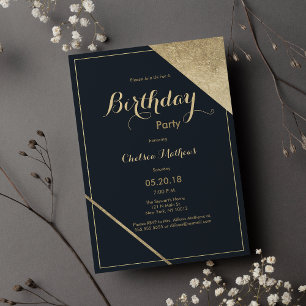 Abstract dark blue gold geometric Birthday Party Invitation