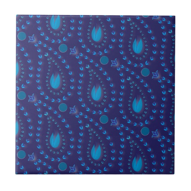 Abstract Dark Blue Paisley Tulip Floral pattern Tile (Front)