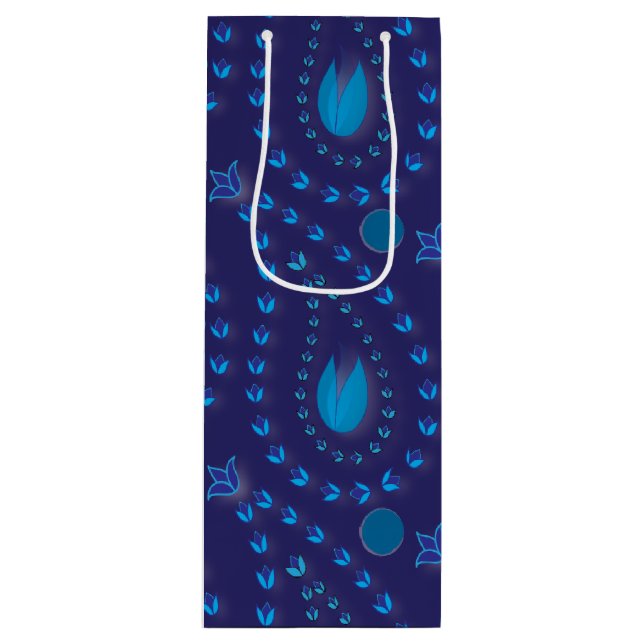 Abstract Dark Blue Paisley Tulip Floral pattern Wine Gift Bag (Front)