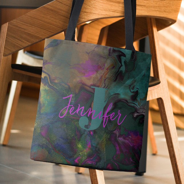 Abstract Dark Coloured Liquid Paint Name & Monogra Tote Bag (Creator Uploaded)