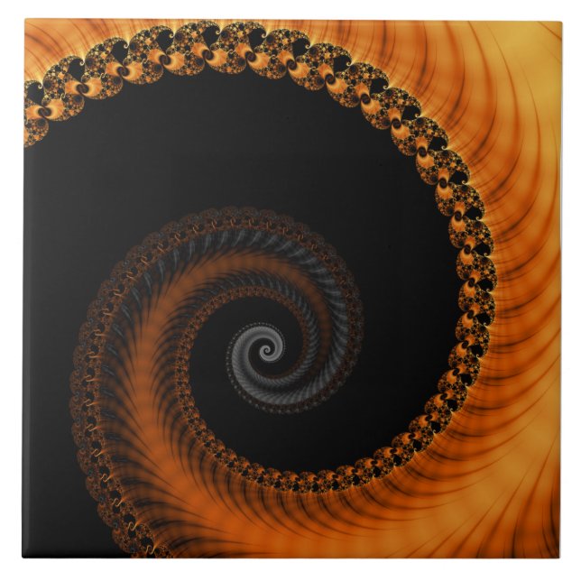 Abstract dark golden orange spiral fractal pattern ceramic tile (Front)