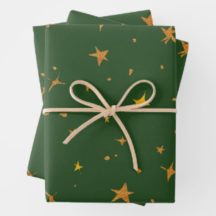 Abstract Dark Green with Golden Stars Wrapping Paper Sheet