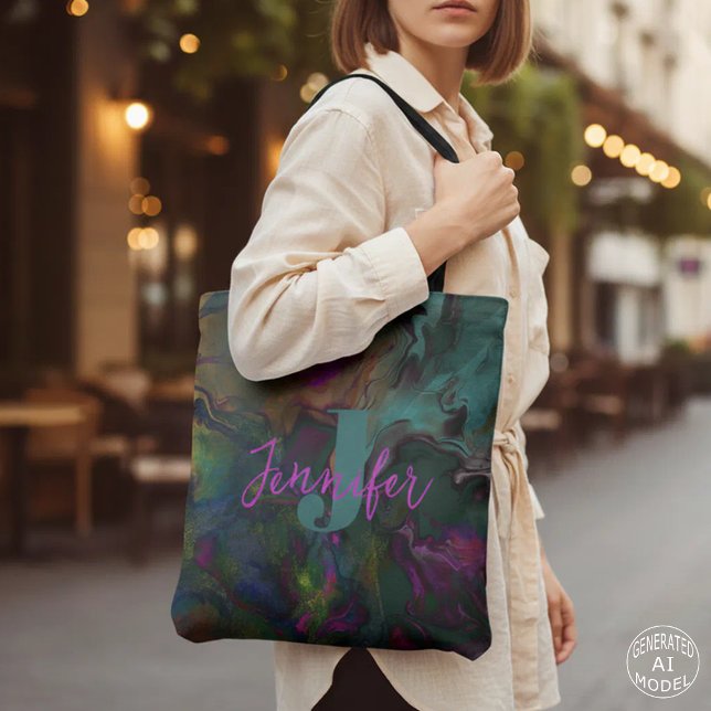 Abstract Dark Teal & Purple Liquid Paint Monogram Tote Bag (Creator Uploaded)