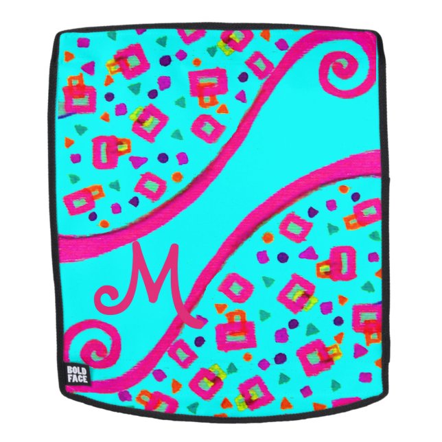 ABSTRACT DECO MONOGRAM Blue Pink Fuchsia  Swirls Backpack (Removable Face)