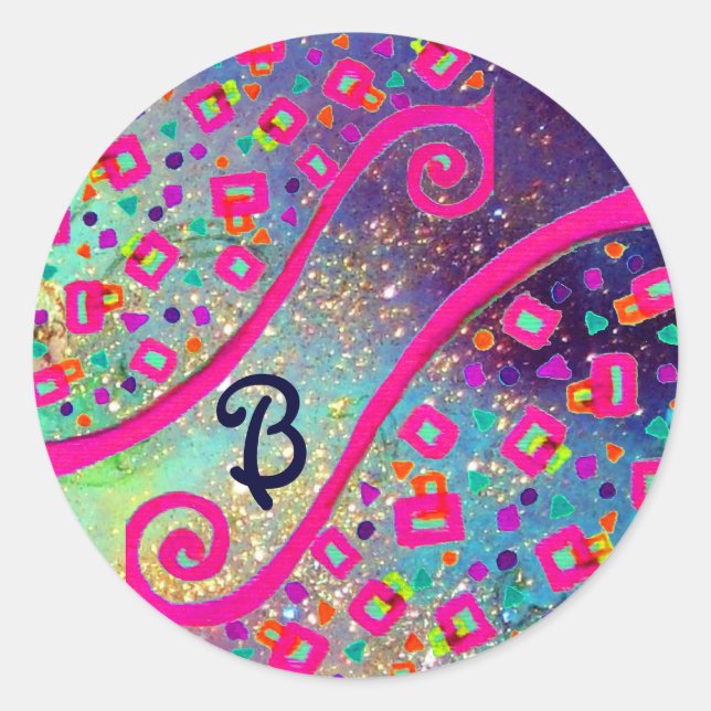 ABSTRACT DECO MONOGRAM Pink Fuchsia Blue Swirls Classic Round Sticker (Front)