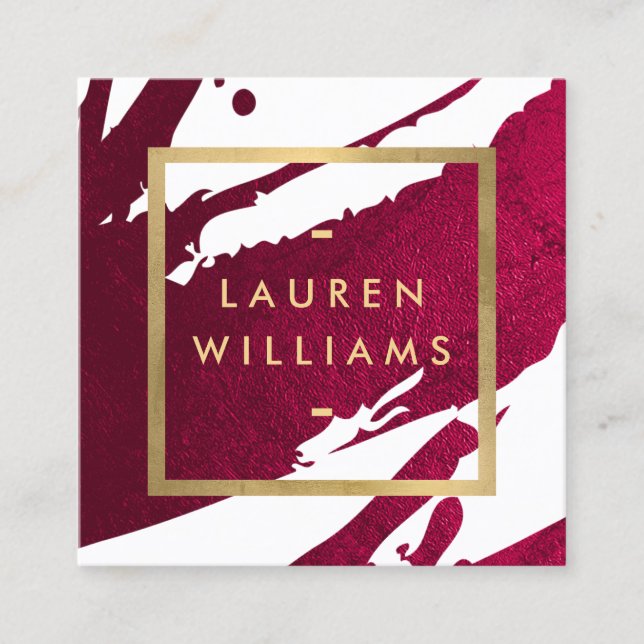 Abstract Deep Ruby Red Brushstrokes Square Business Card (Front)